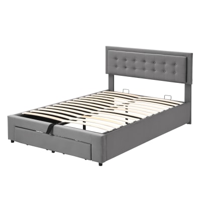 Lit coffre adulte 140x190 avec 2 tiroirs et tête de lit réglable, gris