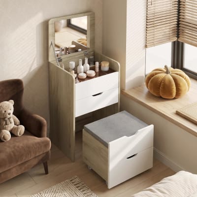 Coiffeuse avec miroir rabattable et tabouret de rangement bois chêne