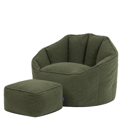 Pouf bouclette fauteuil coquillage avec repose-pied carré, vert olive