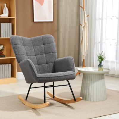 Fauteuil à bascule design acier bois effet laine bouclée anthracite