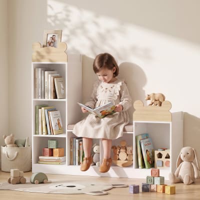Bibliothèque enfant banc 6 compartiments coussin d'assise bois blanc