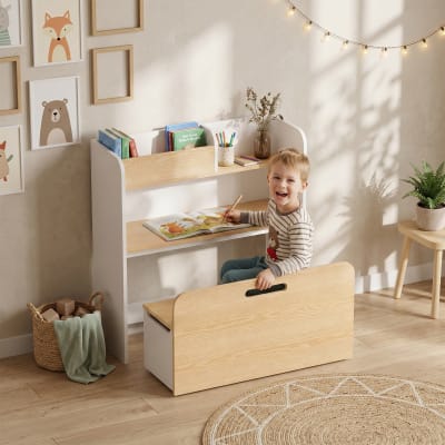 Bureau et chaise pour enfant bibliothèque banc à roulette bois blanc