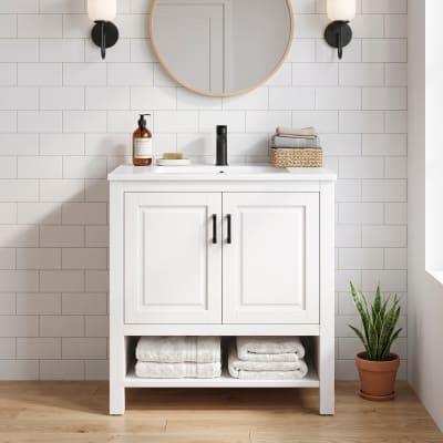 Meuble sous-vasque 76 cm blanc avec vasque, doubles portes et niche