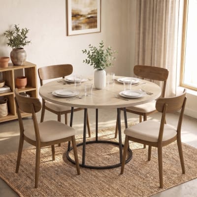 Table à manger ronde base conique métal bois naturel