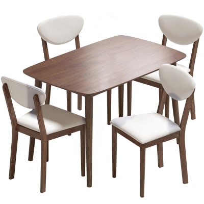 Table à manger avec 4 chaises assise rembourrée bois noyer crème