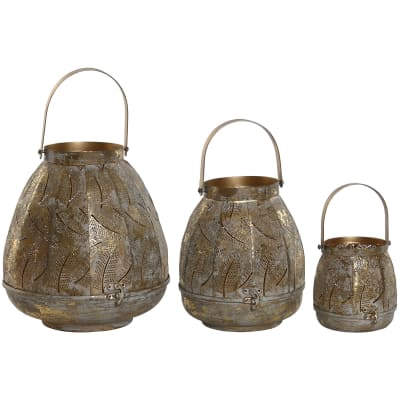 Ensemble de 3 bougeoirs en acier doré 25x25x28 cm