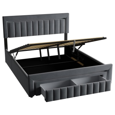 Lit coffre adulte 160x200, tiroirs et tête de lit, velours gris foncé