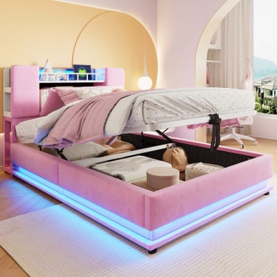 Lit enfant 90x200 cm avec led, port usb et rangement, velours rose