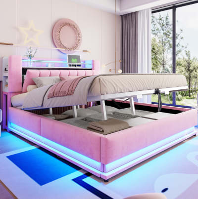 Lit adulte avec led, port usb et rangement 180x200 cm rose