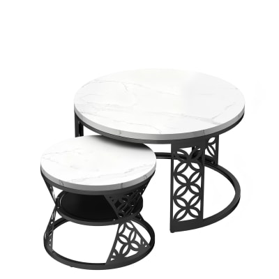 Tables basses gigognes rondes 70x70x45 cm, blanc marbre et pieds noir