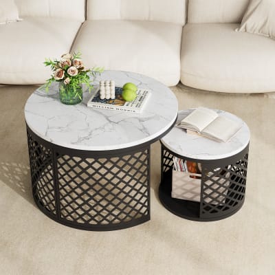 Set de 2 tables basses gigognes 70x70x45 cm+45x45x35 cm, métal noir