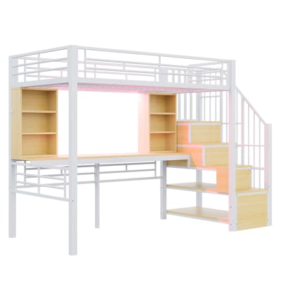 Lits mezzanine en métal et mdf avec bureau led blanc 90x200 cm