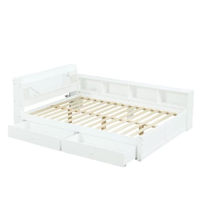 Lit double en pin blanc avec rangements et éclairage 140x200 cm