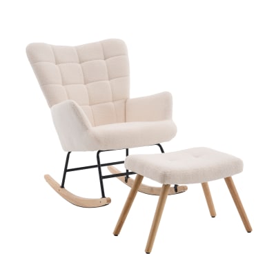 Fauteuil à bascule en laine d'agneau beige avec repose-pieds