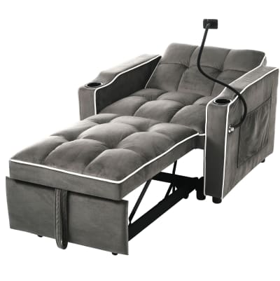 Fauteuil-lit en velours polyester avec porte-gobelets gris foncé