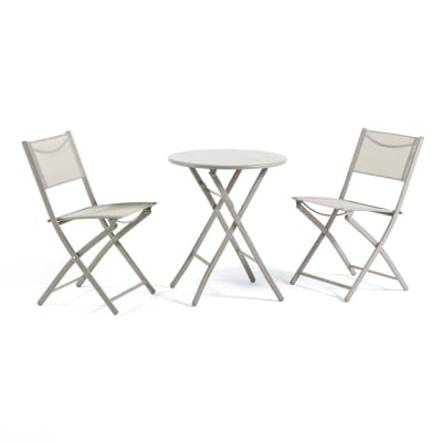 Set de balcon pliable beige avec table ronde et 2 chaises
