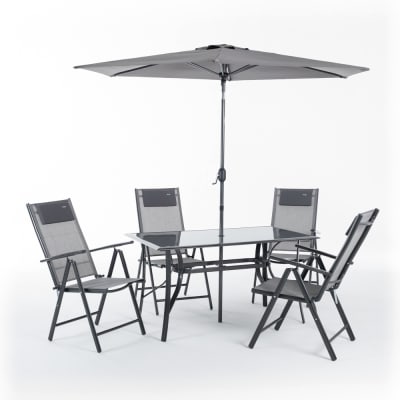 Salon de jardin en métal gris avec table, 4 chaises et parasol