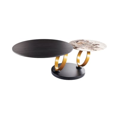 Table basse en céramique noire et marbre avec 2 plateaux pivotants
