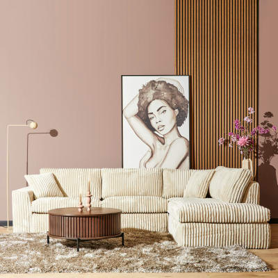 Canapé d'angle en velours côtelé beige, méridienne à droite