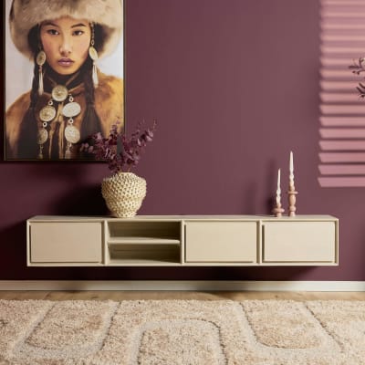 Long meuble tv suspendu sable 3 tiroirs 240 cm