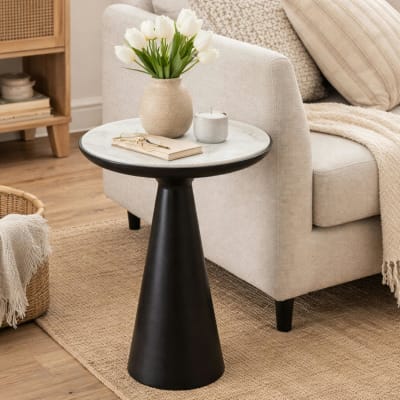 Bout de canapé marbre blanc pied noir d45 cm