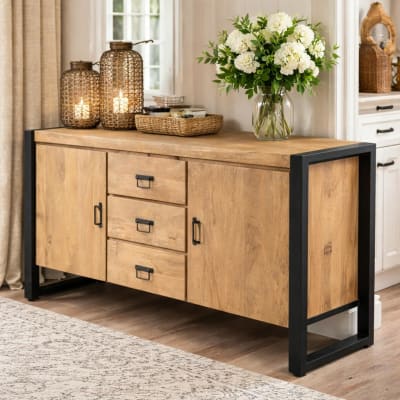 Buffet bois clair et métal noir 2 portes