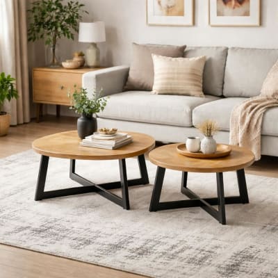 Tables basses rondes en bois pied en croix (lot de 2)