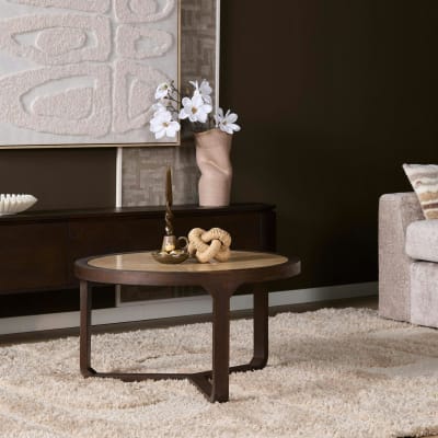 Table basse travertin et bois 3 pieds d75 cm