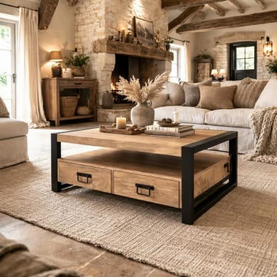 Table basse double plateau bois et métal 4 tiroirs