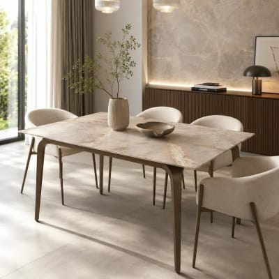 Table extensible céramique effet onyx pieds bronze 140-220 cm