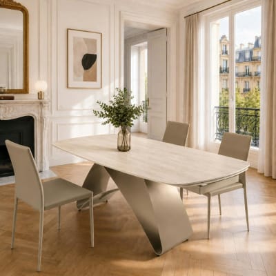 Table céramique décor travertin pied bronze 200-280 cm
