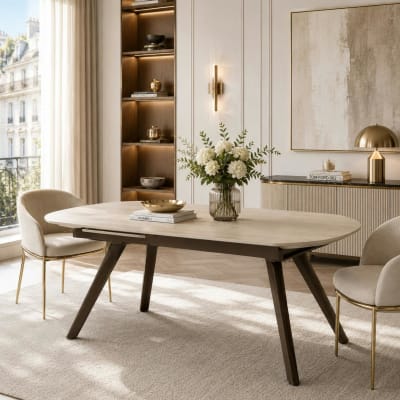 Table céramique décor travertin pieds bronze 140-180 cm