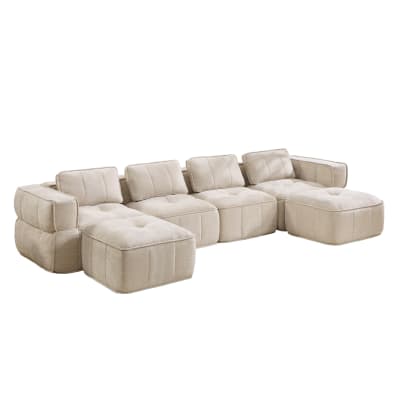 Canapé modulaire en polyester beige avec 2 poufs