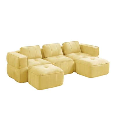 Canapé modulable 3 places en polyester jaune avec 2 poufs
