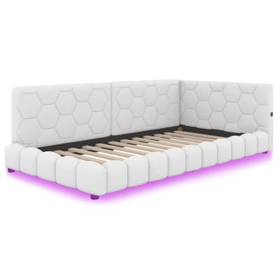 Lit de jour en velours polyester blanc avec led usb-c 90x200 cm
