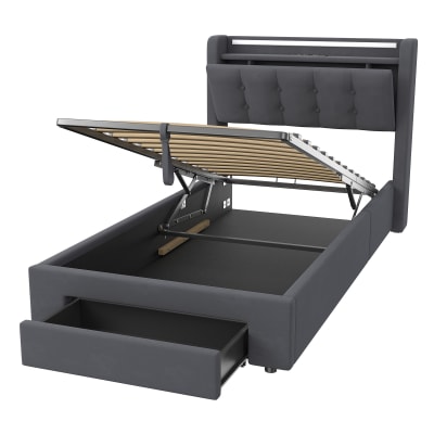 Lit enfant coffre 90x190 cm, tête à rangement et tiroir, velours gris