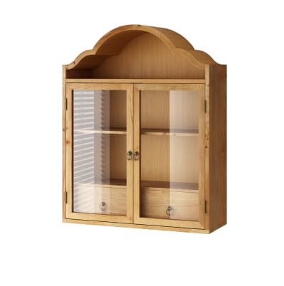Armoire murale en bois naturel avec tiroirs et vitrine, 60x22x76.5 cm