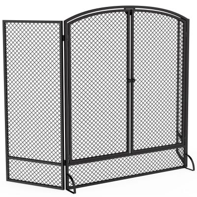 Pare-feu de cheminée pliable 3 panneaux 2 portes moderne métal noir