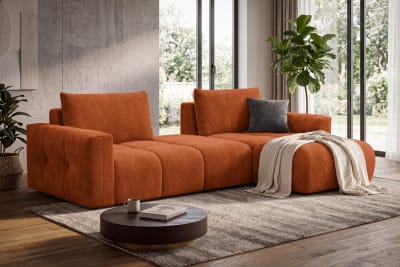Canapé d'angle 4 places droit avec pouf, tissu orange