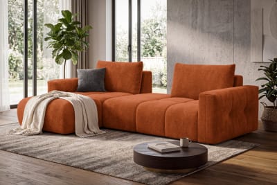 Canapé d'angle 4 places gauche avec pouf, tissu orange