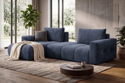 Canapé d'angle 4 places gauche avec pouf, tissu bleu marine