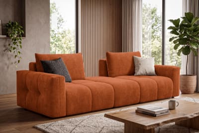 Canapé 4 places avec pouf, tissu orange