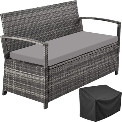 Banc de jardin deux places, tressage polyrotin, dossier haut, gris