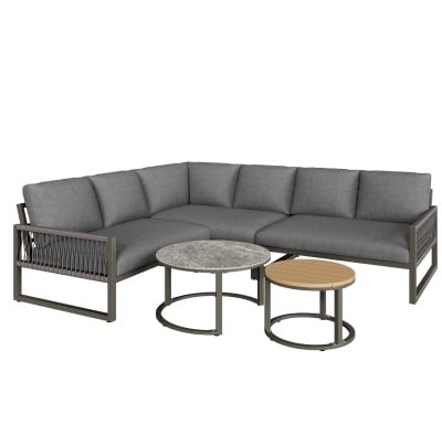 Salon de jardin d'angle gris avec 2 tables basses