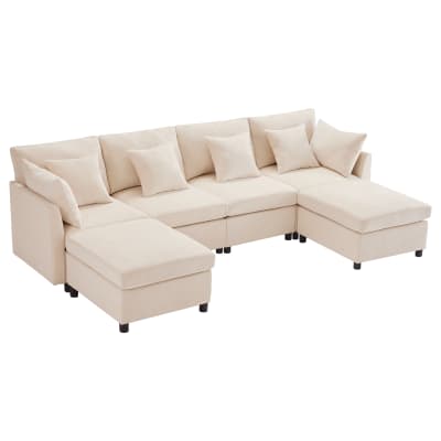 Canapé modulable en chenille beige avec 2 poufs et 6 coussins