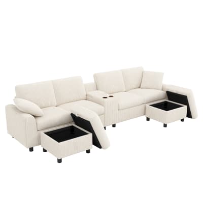 Canapé en u en velours polyester beige avec 2 poufs