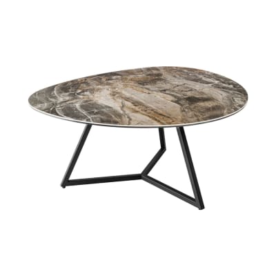 Table basse en céramique et verre, pieds en fer noirs 90x40x75cm