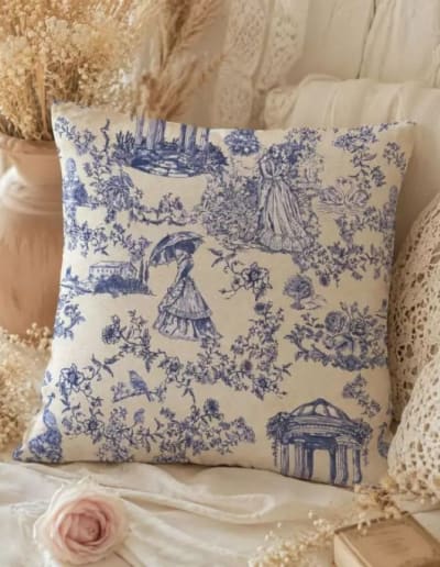 Coussin héritage toile de jouy – 100% coton - 40x40cm - bleu