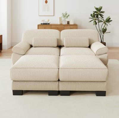 Canapé modulable 194x161x94 cm, 2 poufs, velours côtelé, beige