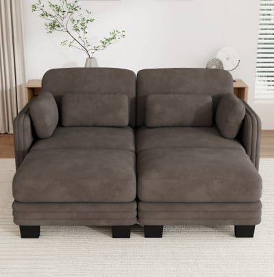 Canapé modulable 2 places avec 2 poufs, 176x143x88 cm, chenille brun